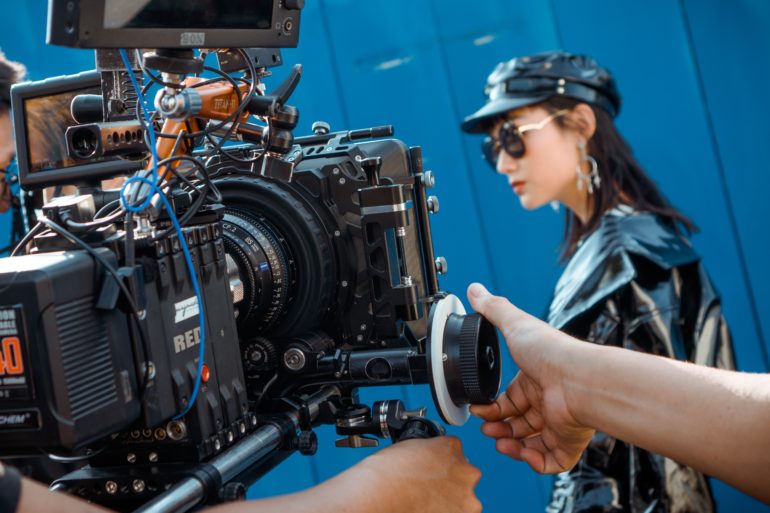 Crew filming a scene