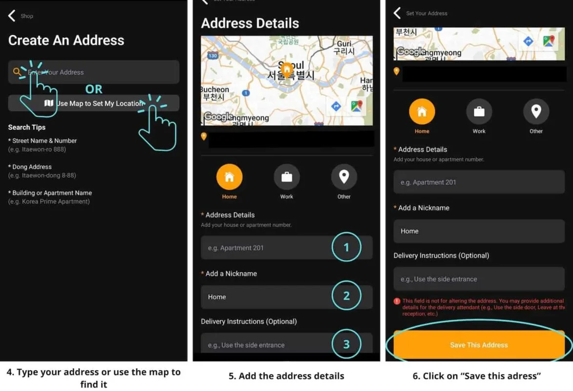 food delivery apps korea for foreigner-how to use shuttle delivery app-part 2-add address details screenshot